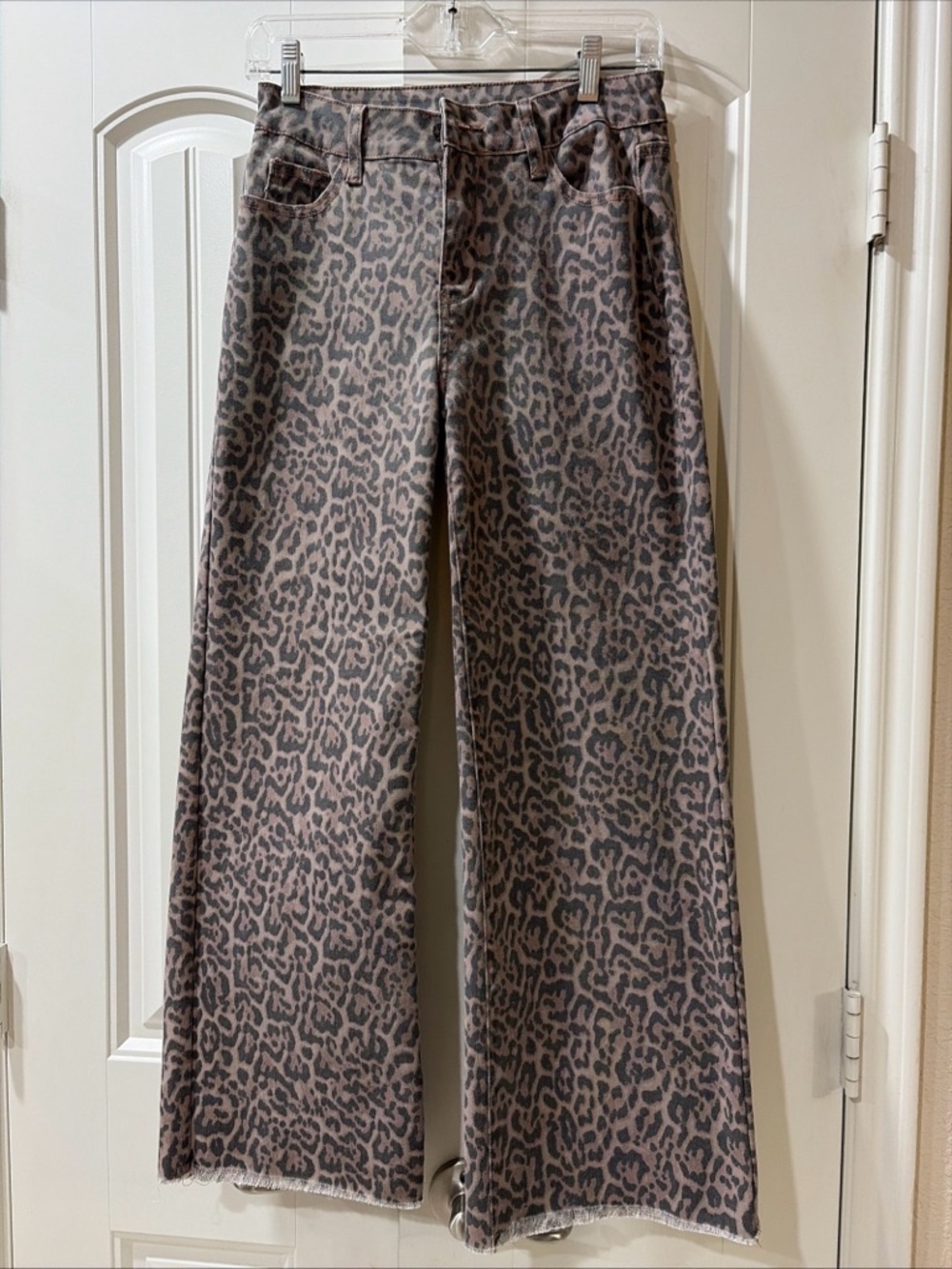 Wide Leg Flare Jeans in Taupe Leopard Print